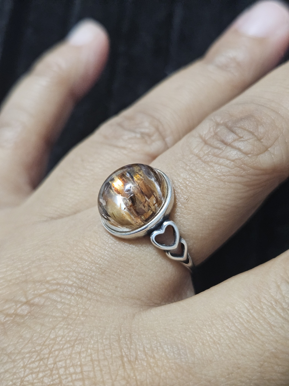 925S Heart Band Ring with Natural Golden/Red Rutile Quartz